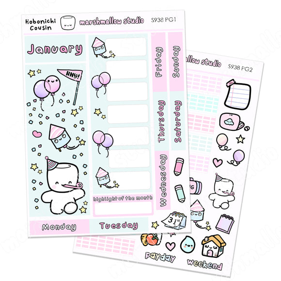 HOBONICHI COUSIN / MALLOW PLANNER - JANUARY MONTHLY KIT - PLANNER STICKERS - S938 pg 1 and 2 - Marshmallow Studio