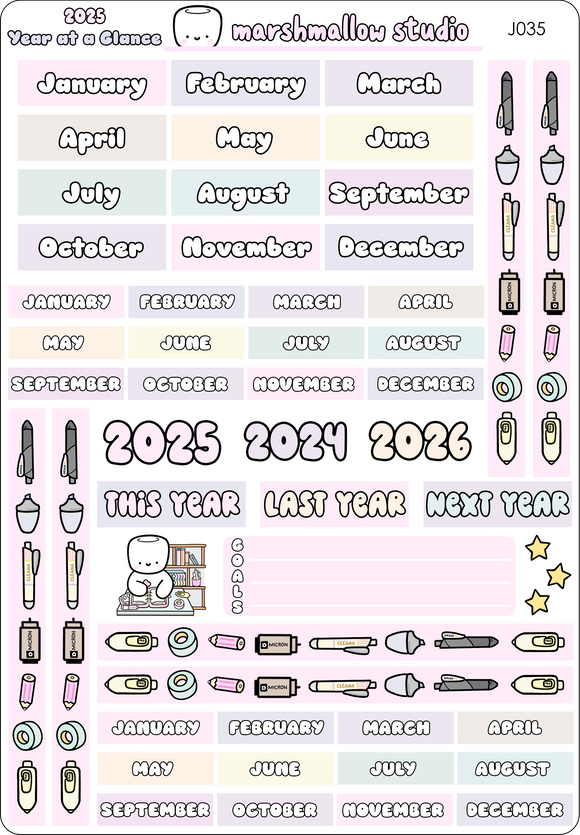 2025 YEAR AT A GLANCE - HOBONICHI COUSIN - PLANNER STICKERS - J035 - Marshmallow Studio