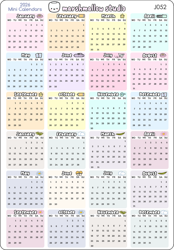 2026 MINI CALENDARS STICKERS - MONDAY START - J052