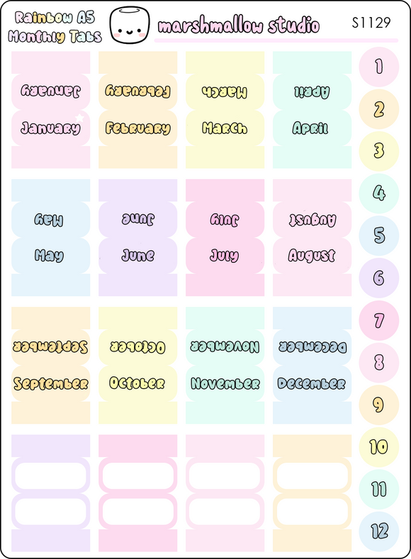 A5 MONTHLY TAB & NUMBER STICKERS  - RAINBOW - S1129