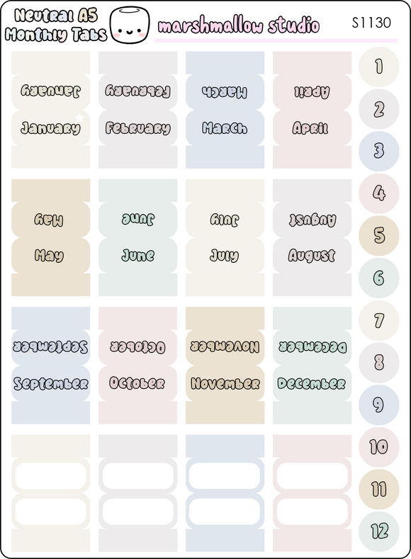 A5 MONTHLY TAB & NUMBER STICKERS  - NEUTRAL - S1130