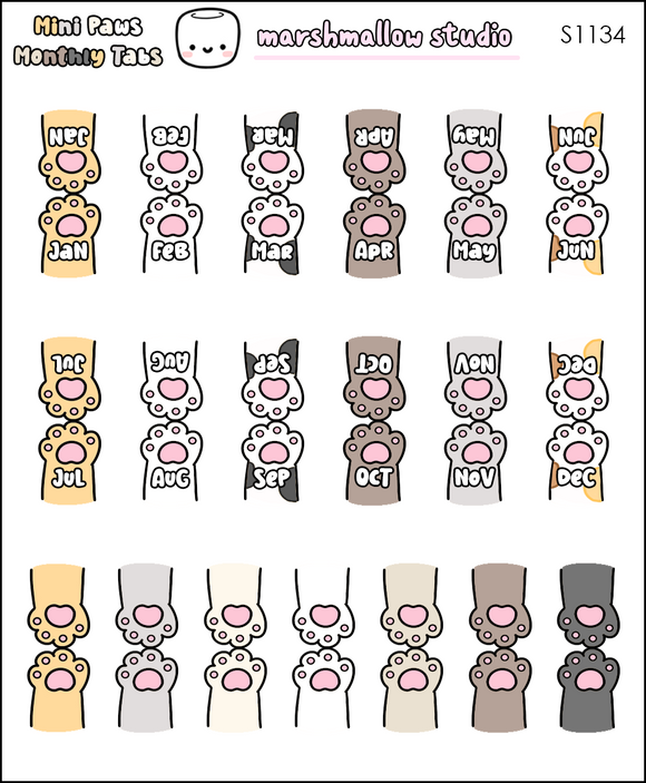 MINI MONTHLY TAB STICKERS - PAWS - S1134