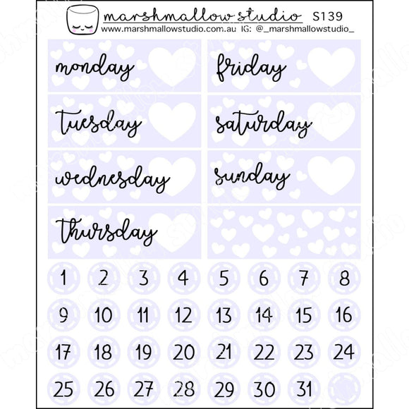 LAVENDER HEART - DATE COVERS & DATE DOTS - PLANNER STICKERS - S139 - Marshmallow Studio