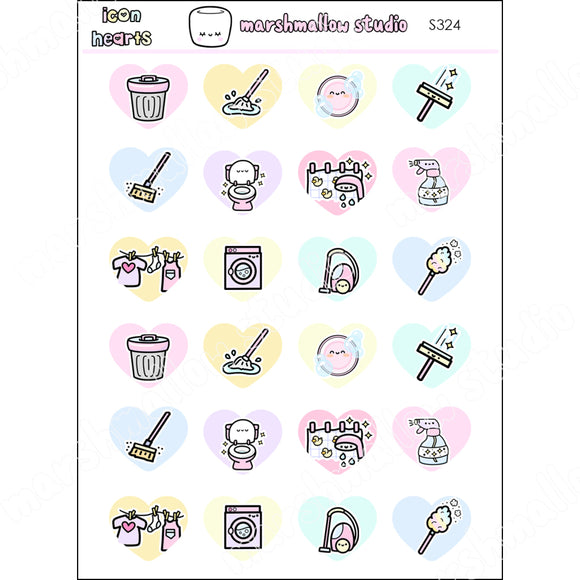 PASTEL HEART CLEANING ICONS - PLANNER STICKERS - S324 - Marshmallow Studio