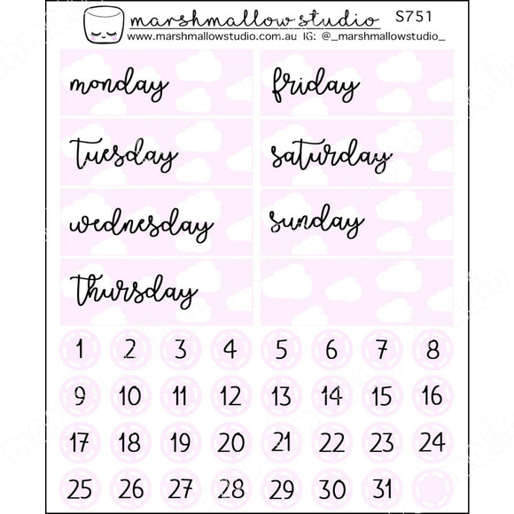 PINKY CLOUDS - DATE COVERS & DATE DOTS - PLANNER STICKERS - S751 - Marshmallow Studio